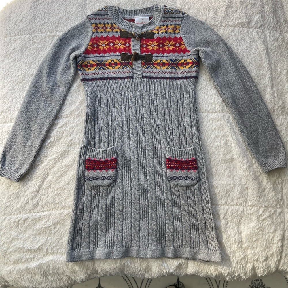 Hanna Andersson Girls Fair Isle Gray and Red Knit Dress Size 120 (6-7)